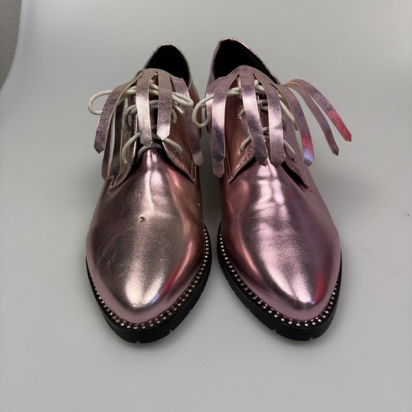 Womens Metallic Pink Rose Gold Oxford Shoes Lace Up Studded Trim Low Heel - Picture 6 of 7